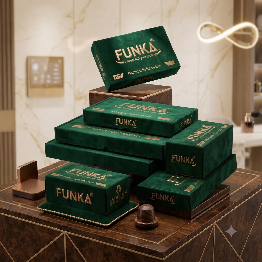 A stack of dark green FUNKA branded product boxes arranged on a wooden display stand in an elegant indoor setting with marble walls and warm lighting.