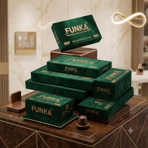A stack of dark green FUNKA branded product boxes arranged on a wooden display stand in an elegant indoor setting with marble walls and warm lighting.